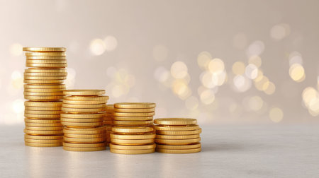 A visually appealing arrangement of stacked gold coins against a soft, blurred background that symbolizes wealth and financial success. Ideal for business, finance, and investment themes.の素材