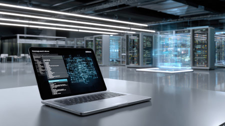 A sleek laptop sits open in a modern data center, showcasing intricate data and network visualizations, surrounded by high-tech server units and ambient lighting.の素材