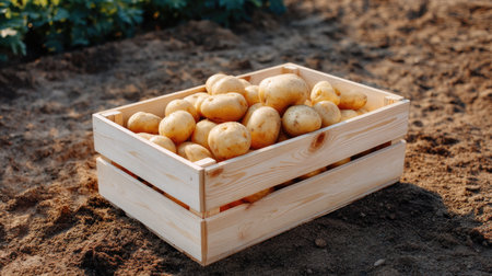 A rustic wooden crate filled with freshly harvested potatoes resting on the rich soil of a farm. The earthy environment highlights the relationship between agriculture and nature. Perfect for food and gardening themes.の素材