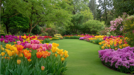 A stunning spring garden showcasing a serene pathway bordered by vibrant tulips and blooming flowers. Perfect for nature enthusiasts and plant lovers.の素材