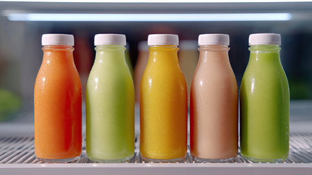 A vibrant arrangement of fruit juices in clear bottles, showcasing a spectrum of colors with condensation, perfect for promoting health and freshness in beverages.の素材