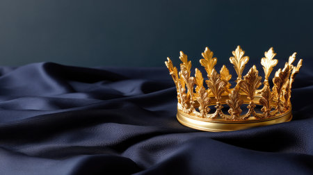 A stunning golden crown rests on luxurious dark blue satin fabric, embodying elegance and the true essence of royalty. Ideal for creative projects.の素材