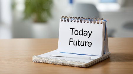 A motivational desk calendar displaying pages that highlight today and the future, emphasizing the importance of time management and planning. Ideal for inspiring productivity.の素材