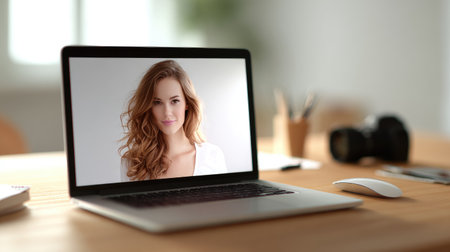 A young woman with wavy hair smiles brightly on a laptop screen, creating a warm and inviting atmosphere in a modern workspace, ideal for showcasing lifestyle and technology.の素材