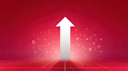 This abstract image features a bold upward arrow symbolizing growth and progress against a vibrant red background with floating letters. Ideal for conveying success.の素材