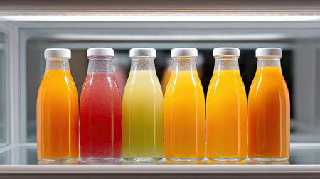 A vibrant display of assorted fresh juices in glass bottles featuring rich colors of red, yellow, and green, perfect for health-conscious consumers seeking refreshing beverages.の素材