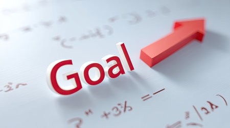 A dynamic representation of the word "Goal" in bold red 3D lettering, complemented by a striking upward arrow symbolizing success and achievements in various fields.の素材