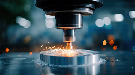 A CNC machine tool engages in a precision machining process, emitting sparks as it intricately shapes metal in a well-lit industrial workshop.の素材