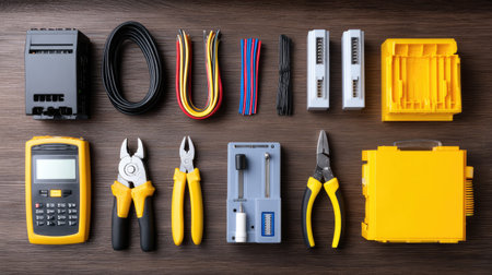 A well-organized arrangement of essential electrical tools on a wooden surface, showcasing pliers, wires, connectors, and a calculator for professional use.の素材