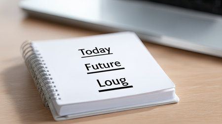This image features a notebook with the words "Today Future Loug" prominently displayed. It is placed on a wooden desk beside a laptop, creating a modern workspace atmosphere. Ideal for themes of planning and productivity.の素材