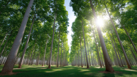 A captivating scene of tall trees in a serene forest, with sunlight filtering gently through the leaves, creating a peaceful atmosphere ideal for relaxation.の素材