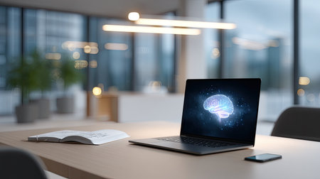 A sleek laptop displaying a vibrant brain illustration sits on a minimalist desk, accompanied by a book and smartphone. The modern office setting enhances creativity.の素材