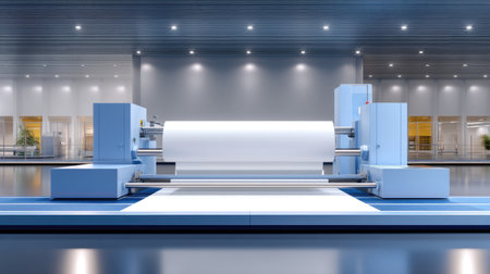 This image showcases an advanced industrial machine designed for paper production in a modern factory. The clean environment, coupled with bright lighting, highlights the intricate machinery and technology involved in the manufacturing process, reflecting efficiency and precision in a high-capacity workspace.の素材