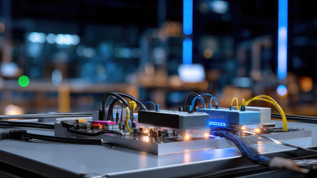 A close-up view of advanced electronic components and wiring arranged neatly on a circuit board, surrounded by a high-tech laboratory setting, showcasing innovation.の素材