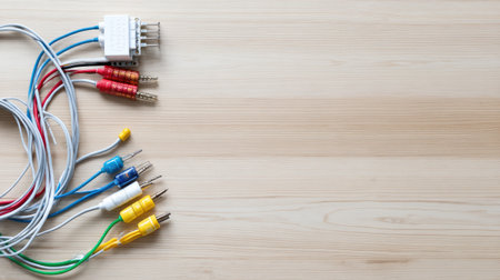 A vibrant display of audio and video cables, featuring various colored plugs on a natural wood surface. Perfect for showcasing electronics and modern installations.の素材