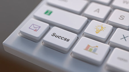 This image showcases a close-up of a computer keyboard, highlighting a success button along with creative icons. Perfect for themes of productivity and innovation.の素材