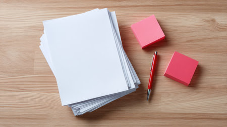A neat arrangement featuring stack of white paper, vibrant pink sticky notes, and a red pen on a wooden office desk, perfect for enhancing productivity and organization.の素材