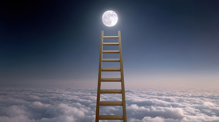 A surreal depiction of a wooden ladder extending into a deep night sky, reaching for a bright full moon surrounded by soft, fluffy clouds.の素材