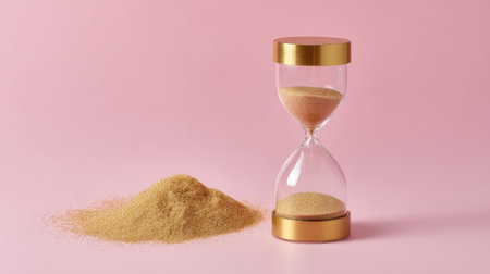 This elegant hourglass features golden accents and soft pink background, symbolizing the passage of time. Perfect for decor or artistic inspiration.の素材