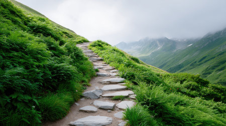 A serene mountain pathway lined with stones leads through vibrant greenery and rolling hills under a soft, cloudy sky, inviting exploration and adventure.の素材
