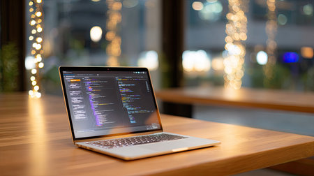 A sleek laptop displaying vibrant code sits on a wooden table in a contemporary workspace, enhanced by ambient lighting, embodying modern digital creativity and focus.の素材