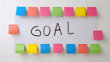 A vibrant display of colorful sticky notes surrounds the word "GOAL" written on a white background, symbolizing motivation and organization. Perfect for business and personal growth themes.の素材