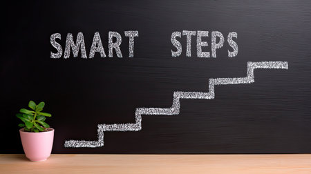 A creative chalkboard displays the words "Smart Steps" in white chalk, accompanied by a small green plant in a pink pot, creating an inviting workspace.の素材