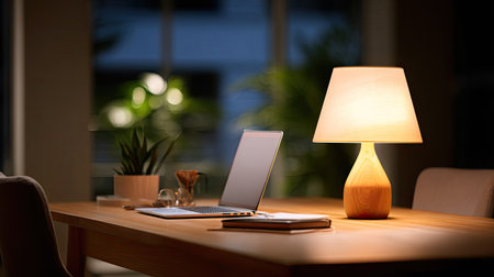 A serene night workspace setup featuring a wooden table, a glowing lamp, and a laptop, surrounded by indoor plants that enhance the inviting atmosphere.の素材