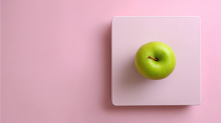 A fresh green apple rests elegantly on a minimalist pink background, symbolizing healthy eating and wellness. Perfect for nutrition and lifestyle themes.の素材