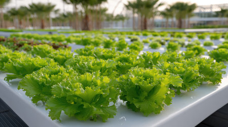 Vibrant green lettuce thriving in a hydroponic setup highlights modern sustainable farming practices, showcasing the fusion of technology and nature in urban settings.の素材