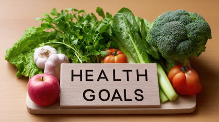 A vibrant display of fresh vegetables and fruits arranged on a cutting board, highlighting health goals and promoting a nutritious lifestyle. Perfect for wellness themes.の素材