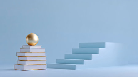 A minimalist scene featuring stacked books with a golden sphere balancing on top and ascending stairs, symbolizing knowledge and achievement against a soft blue background.の素材