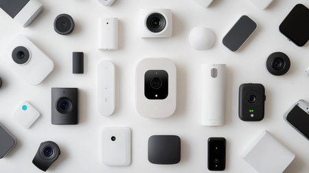 Clean flat lay of smart home accessories including camera, thermostat, and assistant device, on a white surfaceの素材