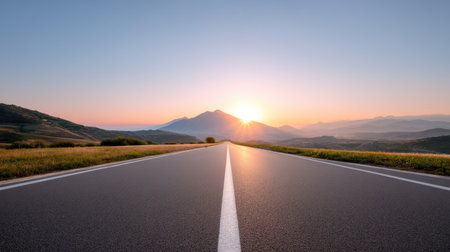A stunning view of an empty road stretching towards majestic mountains at sunrise, capturing the beauty of nature in a tranquil environment.の素材