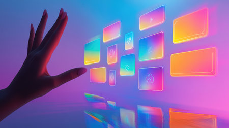 Interactive UI-style floating interface showing likes, saves, shares above a digital screen mockup, light and modernの素材