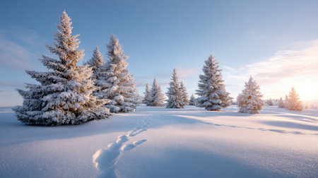 A breathtaking winter landscape features snow-covered pine trees standing tall in fresh powder, with gentle footprints leading into the serene scene at sunrise.の素材