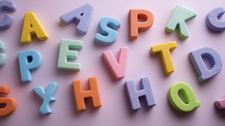 Colorful foam letters are scattered on a soft pastel pink background, creating a cheerful and playful atmosphere ideal for promoting learning and creativity among children.の素材