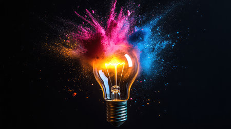 A vibrant light bulb bursts with colorful powdered paint, symbolizing creativity and innovation in a dynamic display. Ideal for concepts related to art and imagination.の素材