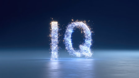 This image features sparkling letters that represent the concept of intelligence quotient, set against a dark blue background, creating a captivating visual effect.の素材