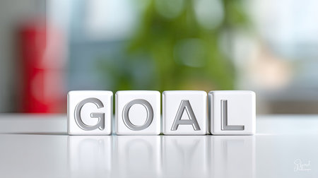 This image features white blocks arranged to spell the word "goal," set against a softly blurred background. It symbolizes motivation and achievement in any workspace.の素材