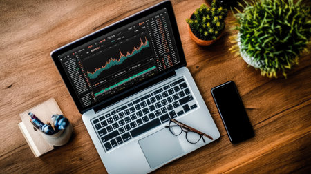 High-tech financial planning with digital tools like portfolio charts, investment symbols, and growth graphs for developing long-term wealth.の素材