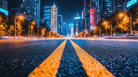 A striking urban night scene featuring a clear road with yellow lines, leading into a vibrant city filled with illuminated skyscrapers and colorful lights, showcasing modern architecture.の素材
