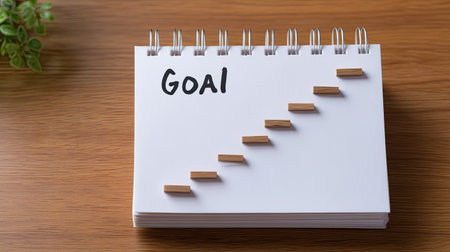 This image captures a notepad with the word "GOAL" prominently displayed, featuring wooden blocks arranged like steps, symbolizing progress in personal development.の素材