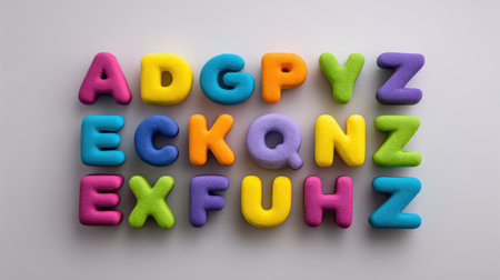 Brightly colored foam letters arranged playfully on a light background, ideal for educational materials, children's activities, and enhancing learning environments.の素材