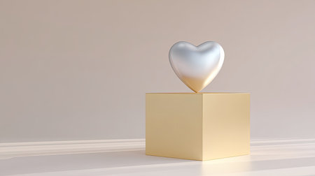 This image features a stunning silver heart gracefully positioned on a glossy golden pedestal, creating a striking visual against a minimalistic backdrop.の素材
