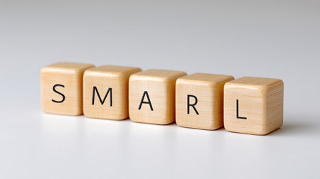 This image features wooden blocks displaying the letters S, M, A, R, and L arranged neatly against a light background, ideal for educational and creative applications.の素材