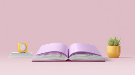 An aesthetically pleasing arrangement featuring an open book, a minimalist clock, a vibrant plant in a pot, and a soft pink background. Perfect for promoting relaxation and creativity in a modern workspace.の素材