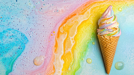 Ice cream cone placed on pastel background with melting drops, fun and sweet summer delight with spaceの素材