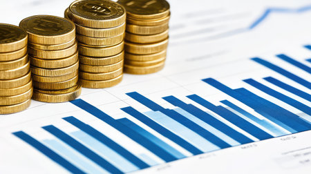 High-tech representation of wealth management, with portfolio growth graphs, digital calculators, and financial charts for strategic wealth building.の素材