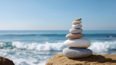 A serene beach scene featuring a meticulously balanced stack of smooth pebbles against the backdrop of calm ocean waves and a clear blue sky.の素材